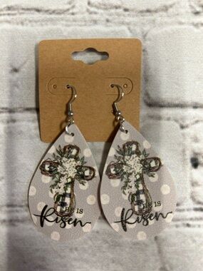 Polka Dot Teardrop Cross Earrings — Gray & White